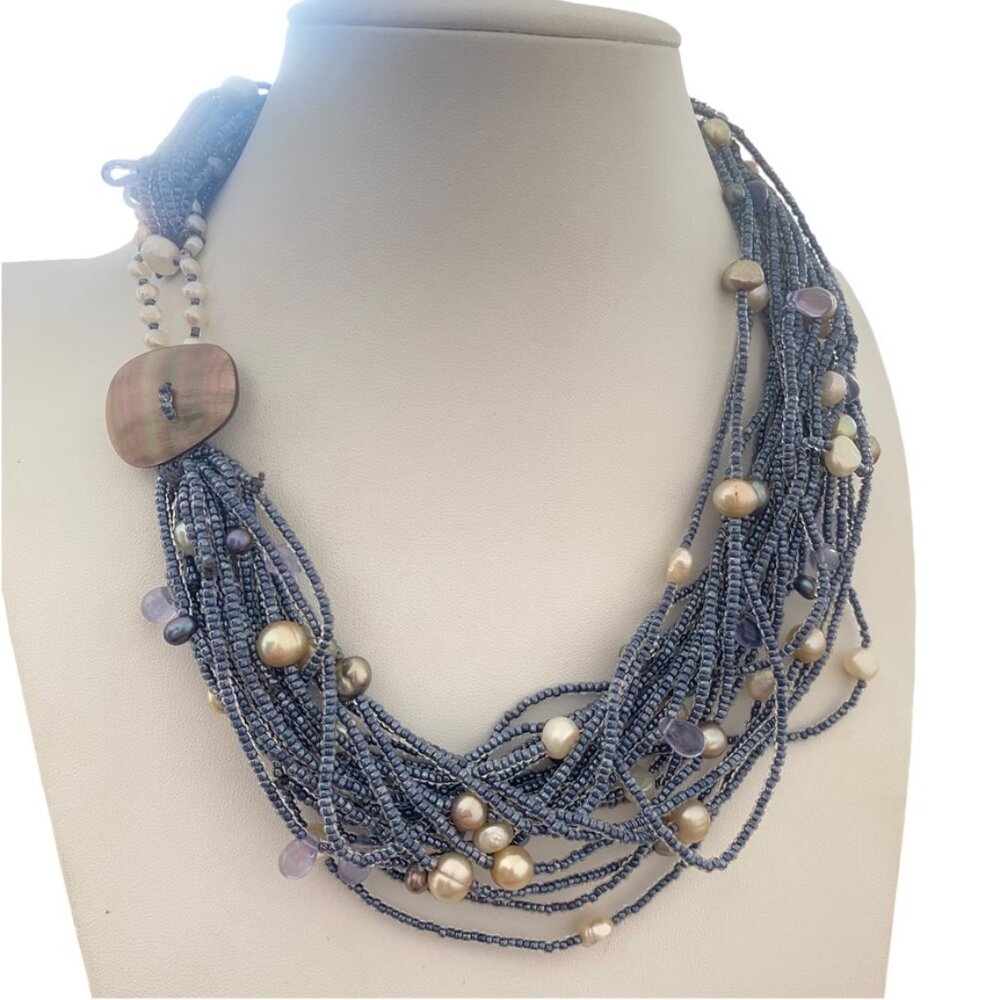 Vintage Tanner Chucnky multistrand necklace with freshwater pearls blue Iconic - Picture 12 of 16